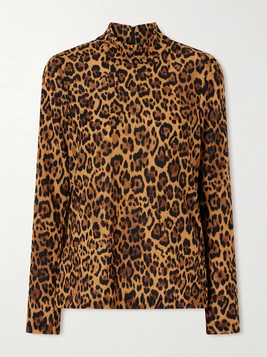 Image of a model wearing Outerwear. Product name - Leopard-print Turtleneck Sweater in Leopard print colour by brand - Anna Sui