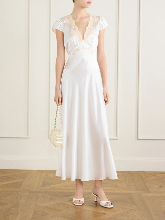 Image of Dresses. Product name - Coraline Corded Lace-trimmed Silk-satin Midi Dress in White colour by brand - DÔEN