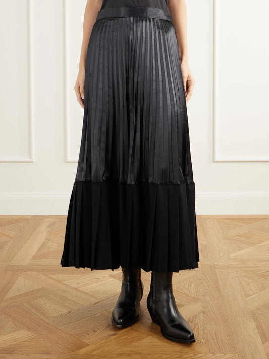 Junya Watanabe Layered Pleated Wool-blend Flannel And Satin Maxi Skirt