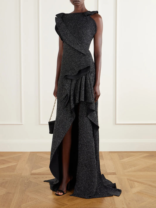 Image of Dresses. Product name - Flashpoint Asymmetric Ruffled Lurex Gown in Black colour by brand - Maticevski