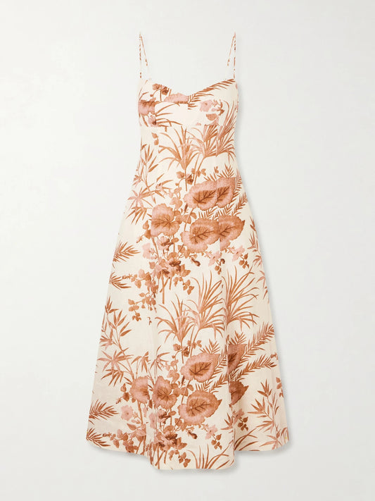 Image of Dresses. Product name - Cherry Floral-print Linen Midi Dress in Camel colour by brand - Cara Cara