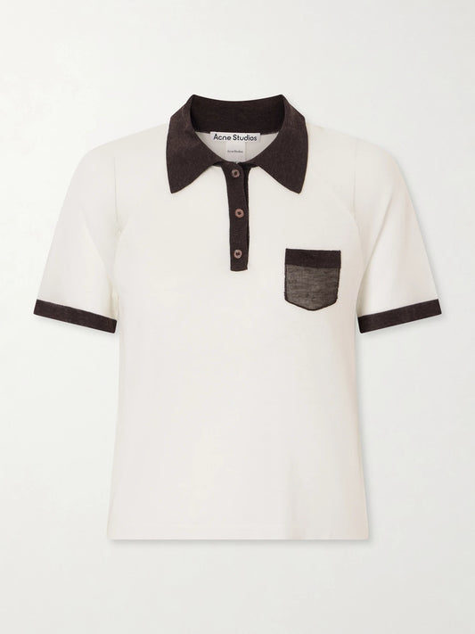 Image of a model wearing Outerwear. Product name - Color-block Lyocell And Wool-blend Jersey Polo Shirt in White colour by brand - Acne Studios