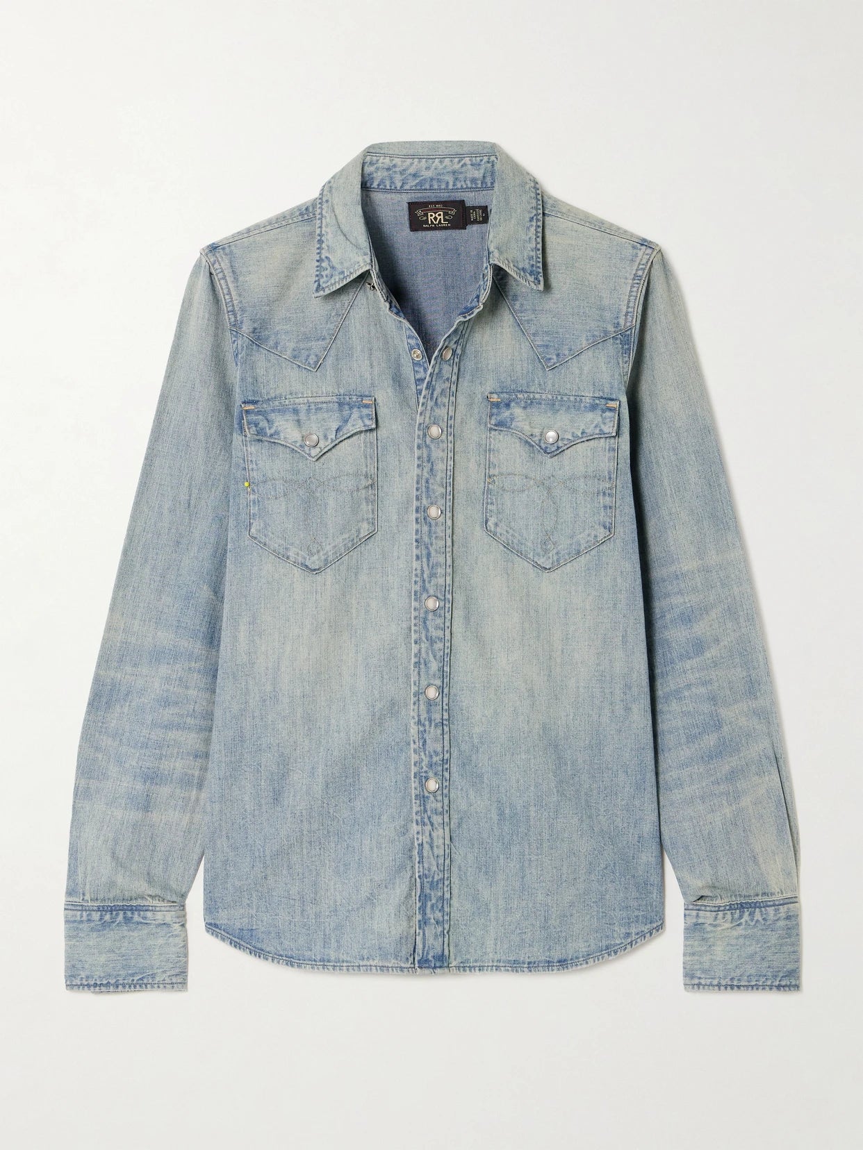 Image of a model wearing Tops. Product name - Buffalo Denim Shirt in Light denim colour by brand - RRL