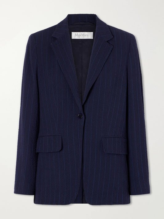Image of Coats & Jackets. Product name - Pinstriped Wool-blend Seersucker Blazer in Navy colour by brand - Max Mara