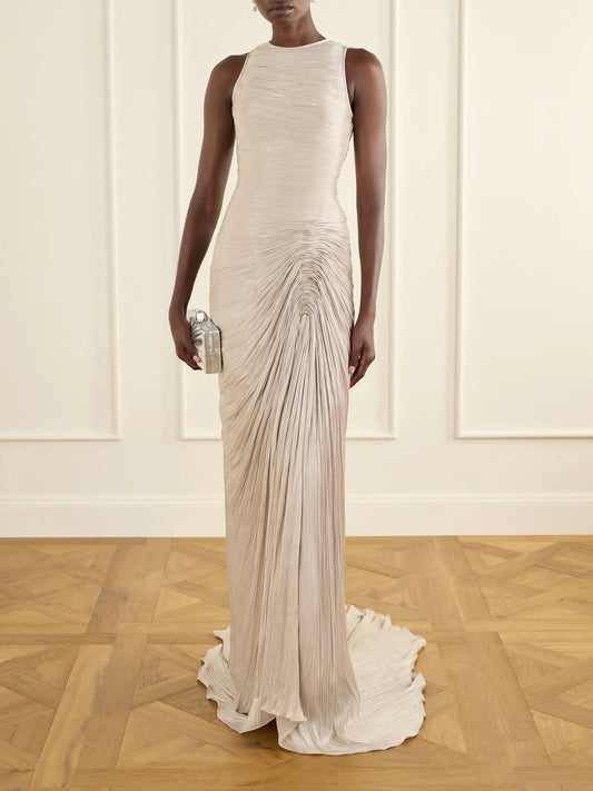 Image of Dresses. Product name - Sleeveless Gathered Pleated Chiffon Gown in Silver colour by brand - Marmar Halim