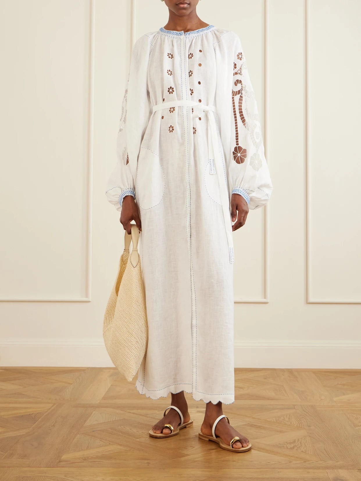 Image of Dresses. Product name - Babylon Broderie Anglaise-trimmed Linen Maxi Dress in White colour by brand - Vita Kin