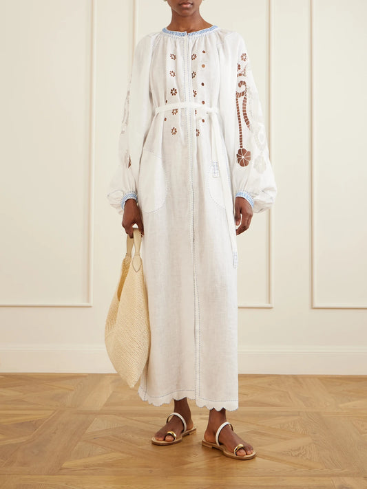 Image of Dresses. Product name - Babylon Broderie Anglaise-trimmed Linen Maxi Dress in White colour by brand - Vita Kin