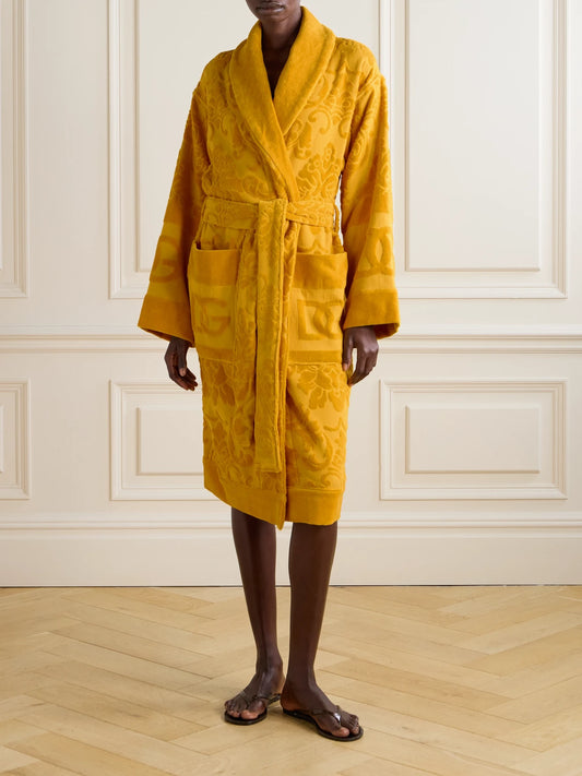 Image of Lingerie. Product name - Cotton-terry Jacquard Robe in Mustard colour by brand - Dolce & Gabbana