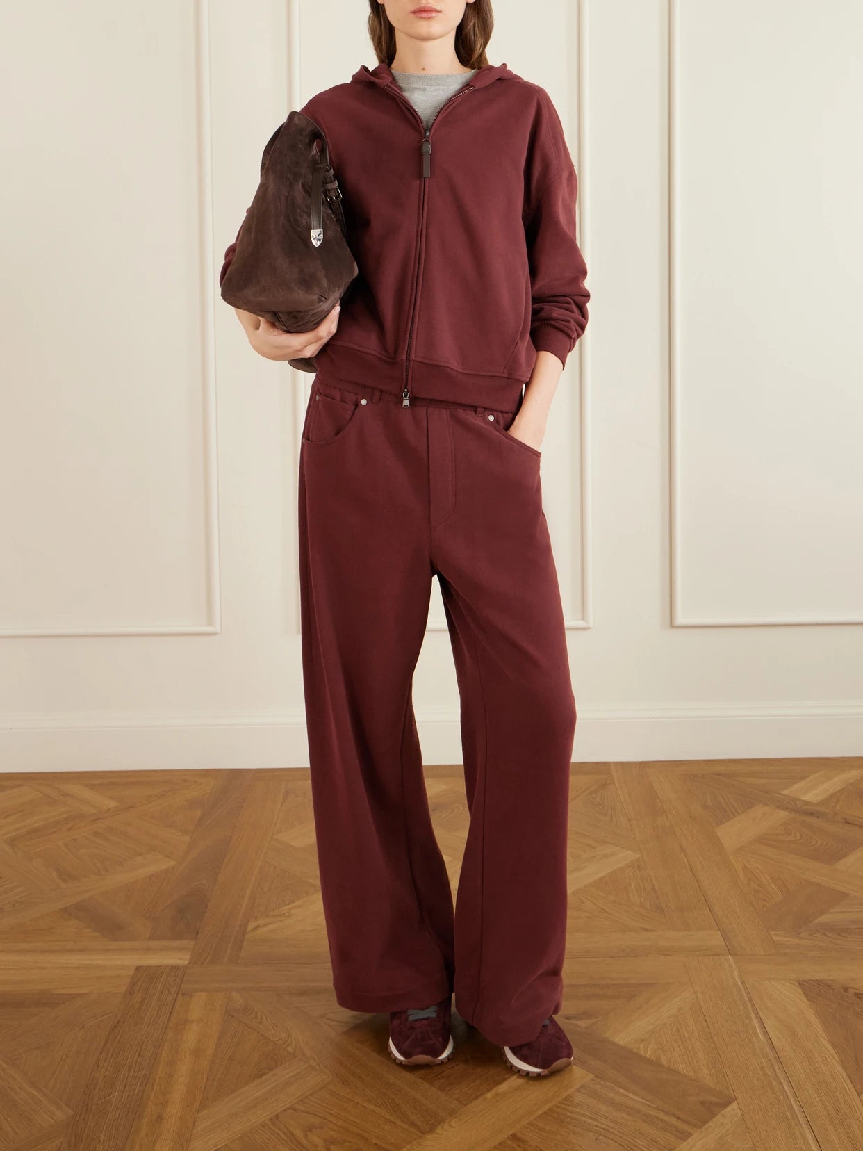 Image of Sleepwear & Loungewear. Product name - Bead-embellished Cotton-jersey Zip-up Hoodie in Burgundy colour by brand - Brunello Cucinelli