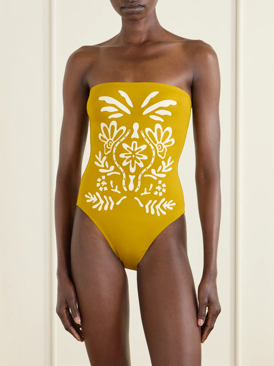 Image of Swimwear. Product name - Maharani Strapless Printed Swimsuit in Yellow colour by brand - Eres