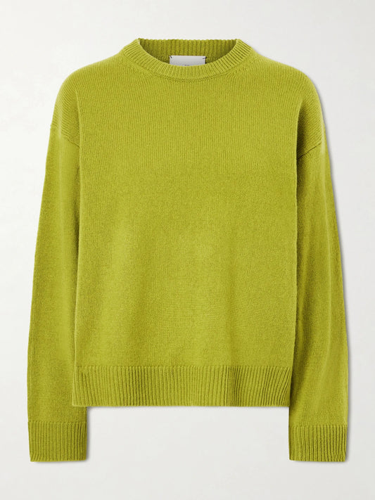 Image of a model wearing Outerwear. Product name - Zuma Cashmere Sweater in Green colour by brand - The Elder Statesman