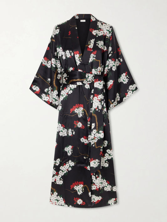 Image of Lingerie. Product name - Queenie Belted Floral-printed Silk-satin Robe in Black colour by brand - Olivia von Halle