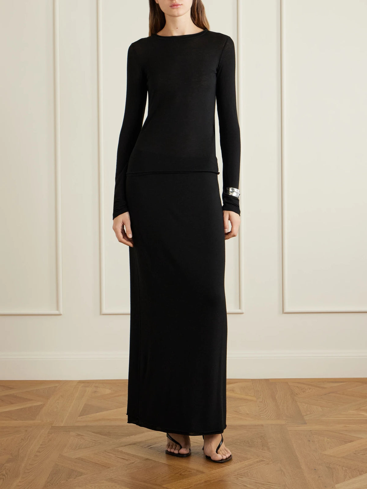 Image of Outfit Sets. Product name - Tencel Modal-blend T-shirt in Black colour by brand - Colleen Allen