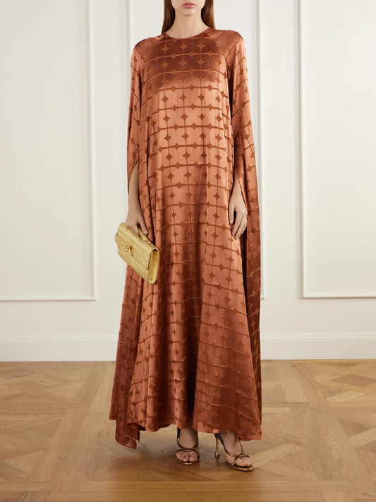 Image of Dresses. Product name - Cape-effect Satin-jacquard Gown in Bronze colour by brand - Dima Ayad