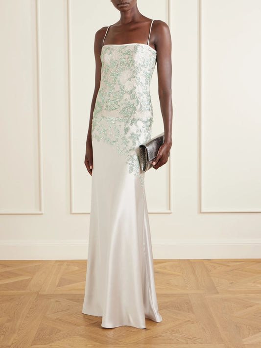 Image of Dresses. Product name - Jennan Sequin-embroidered Satin Gown in Green colour by brand - Costarellos