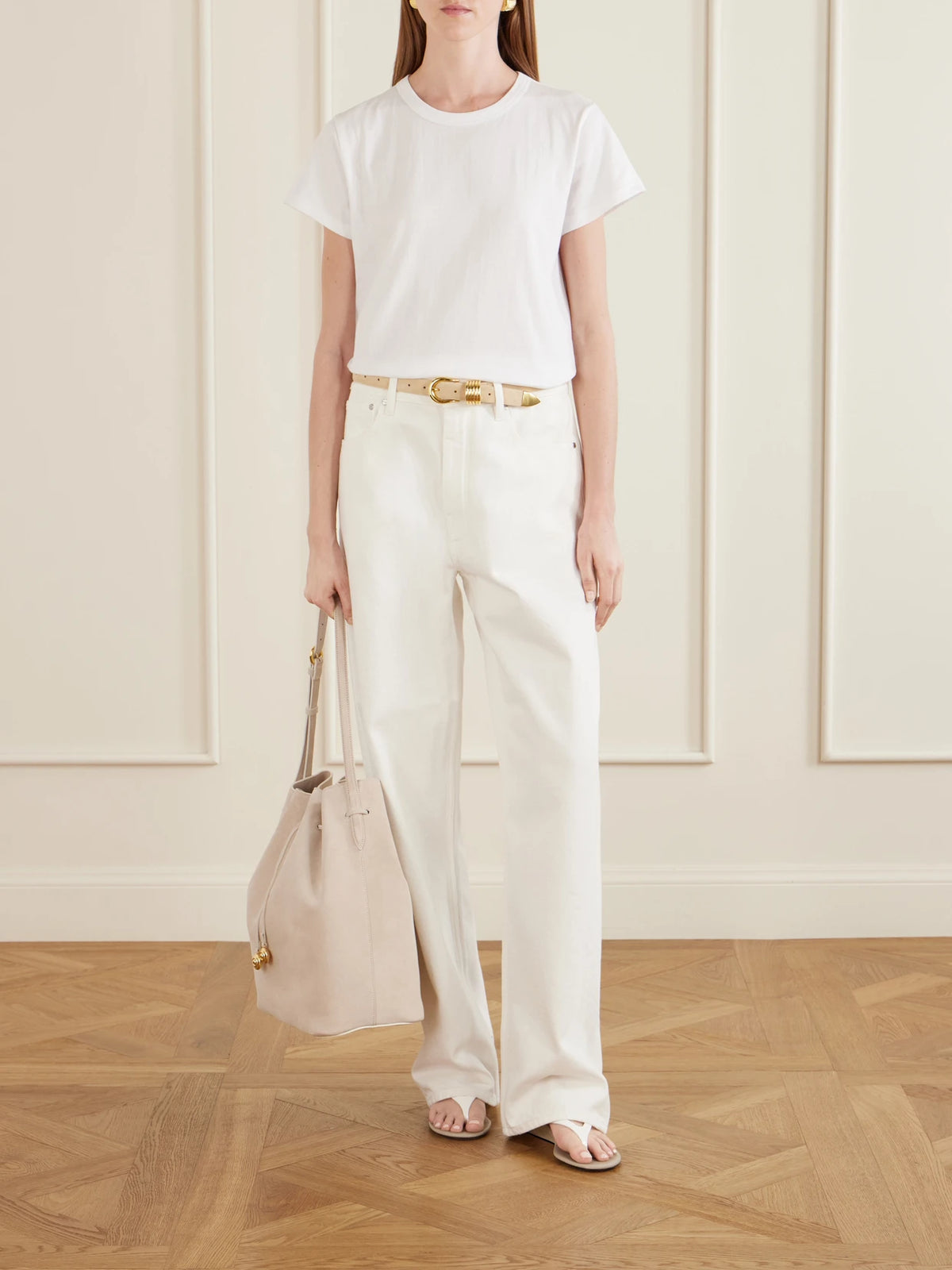 Image of Bags. Product name - Charm Suede Drawstring Shoulder Bag in Off-white colour by brand - Liffner