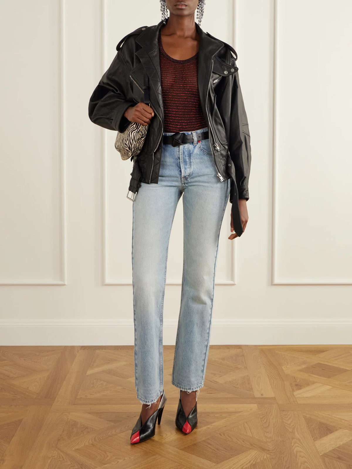 Image of a model wearing Tops. Product name - Cevara Striped Metallic Mesh Tank in Multi colour by brand - ISABEL MARANT