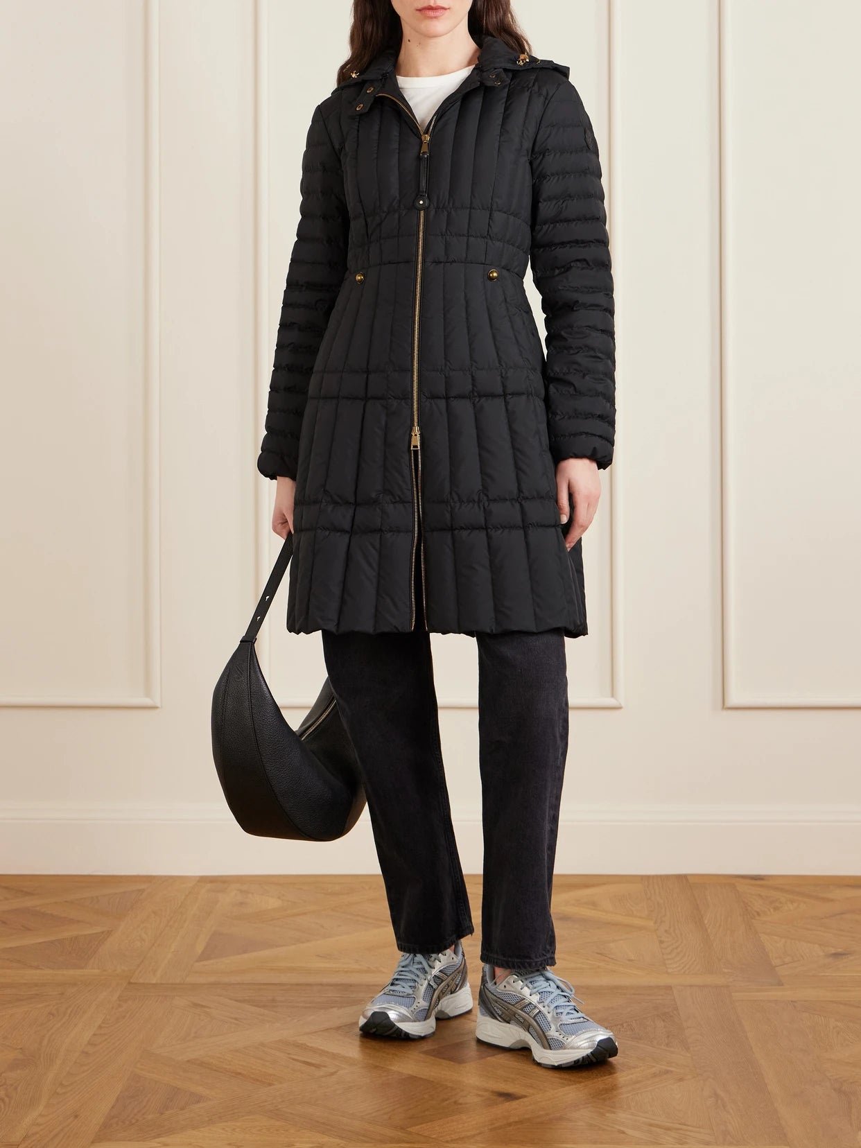Image of Coats & Jackets. Product name - Hooded Appliquéd Padded Quilted Shell Down Coat in Black colour by brand - Moncler