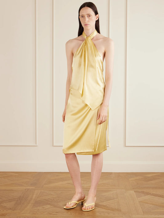 Image of Outfit Sets. Product name - Safira Silk-satin Halterneck Top in Ivory, Bright green colour by brand - AFLALO