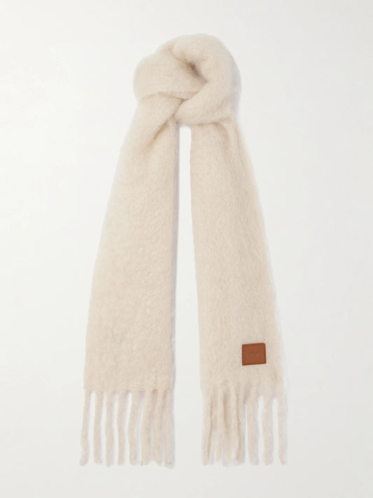 LOEWE Fringed Appliquéd Leather-trimmed Brushed Mohair-blend Scarf