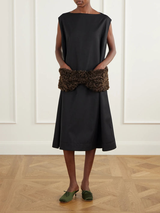 Image of Dresses. Product name - Plush-trimmed Twill Midi Dress in Black colour by brand - Simone Rocha