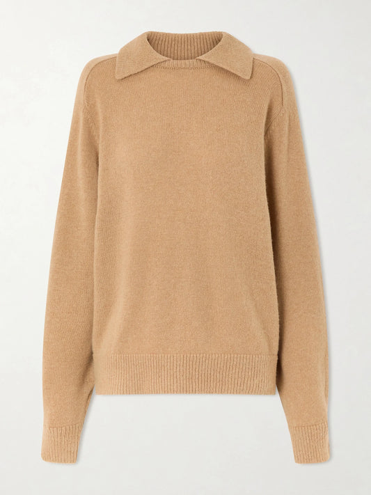 Image of a model wearing Outerwear. Product name - Jackson Wool And Cashmere-blend Sweater in Beige colour by brand - KHAITE