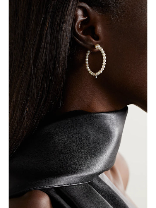 Image of Earrings. Product name - 14-karat Gold, Pearl And Diamond Hoop Earrings in Multi colour by brand - Mizuki