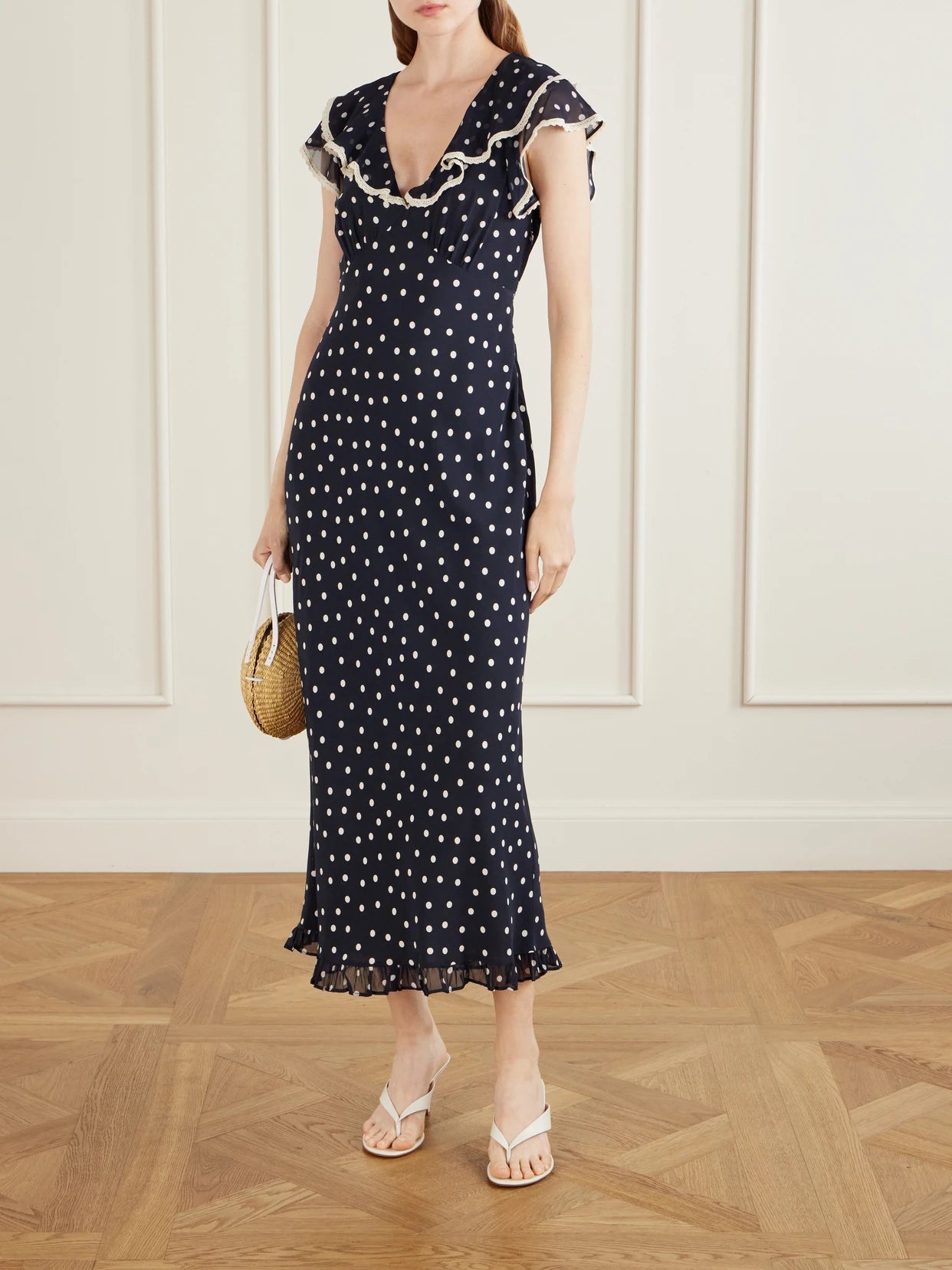 Image of Dresses. Product name - Bethea Crochet-trimmed Polka-dot Crepe Midi Dress in Navy colour by brand - RIXO