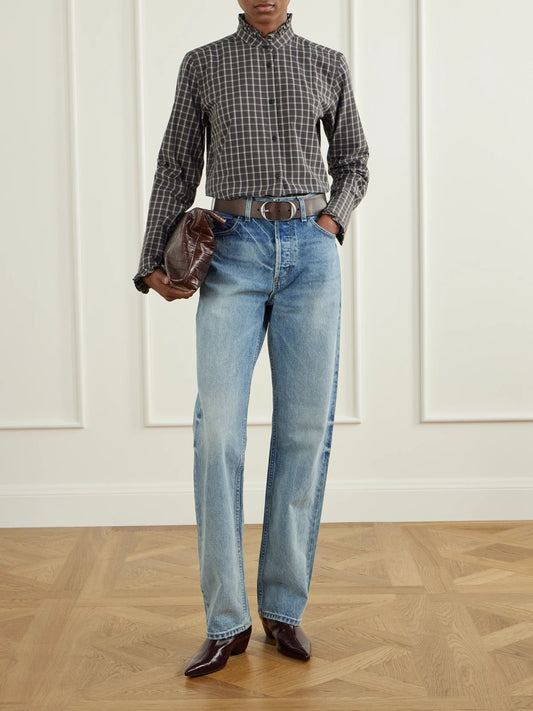 Image of a model wearing Tops. Product name - Elio Ruffle-trimmed Checked Cotton Shirt in Gray, Brown colour by brand - Nili Lotan