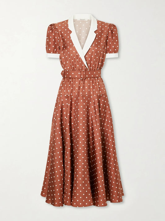 Image of Dresses. Product name - Belted Pleated Polka-dot Crepe-trimmed Silk-twill Midi Dress in Brown colour by brand - Rodarte