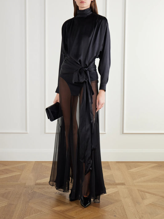 Image of a model wearing Skirts. Product name - Paneled Silk-chiffon And Jersey Maxi Skirt in Black colour by brand - Jean Paul Gaultier