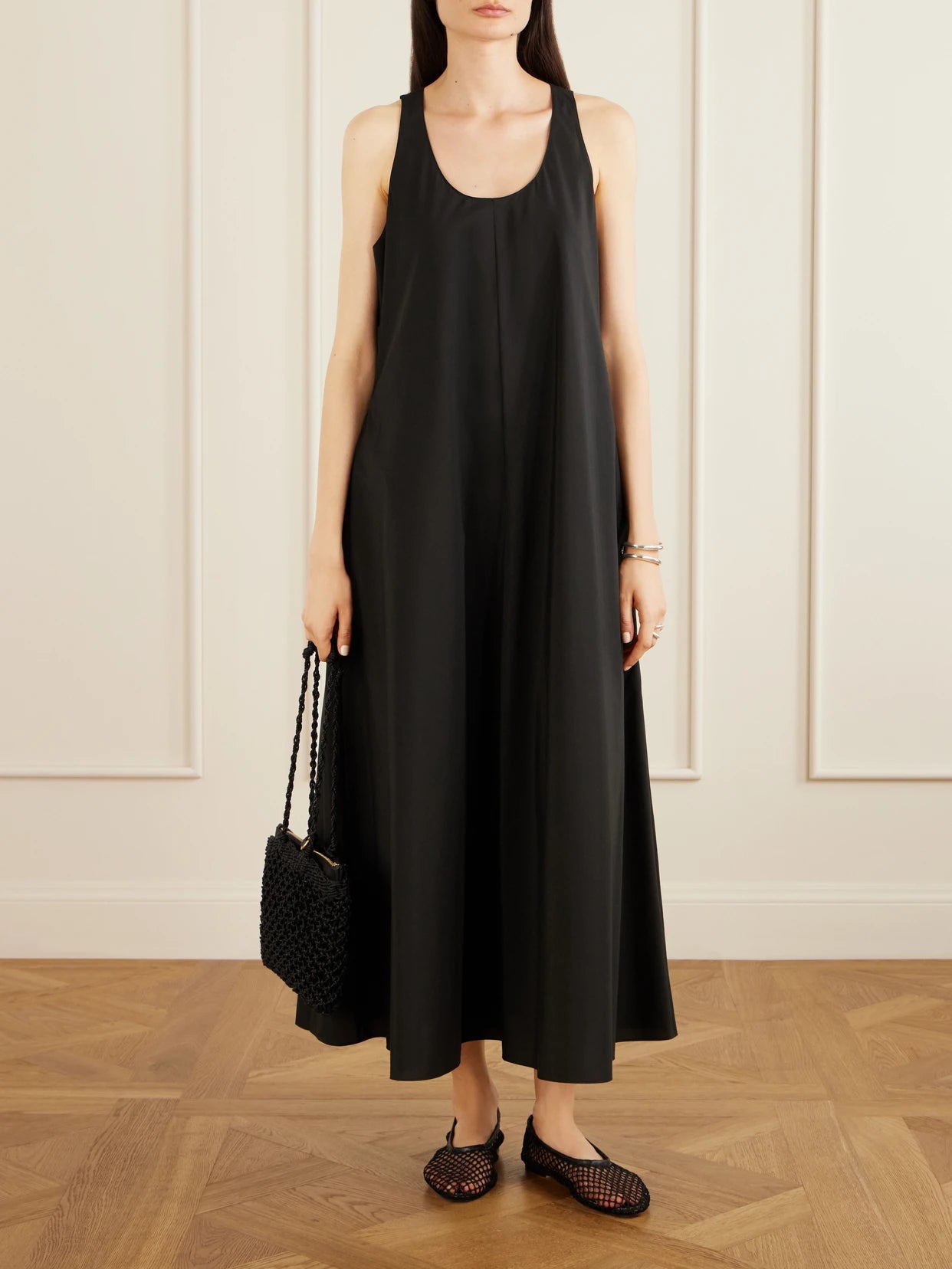 Image of Dresses. Product name - Gathered Cotton And Nylon-blend Maxi Dress in Black colour by brand - Theory