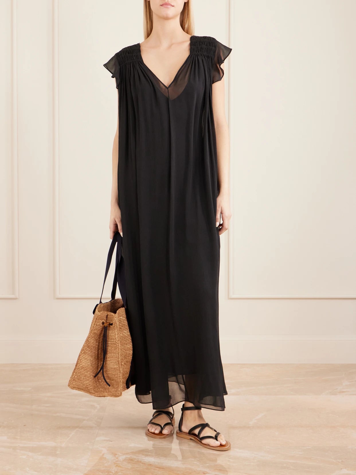 Image of Dresses. Product name - Midnight Concert Shirred Muslin Maxi Dress in Black colour by brand - Eres