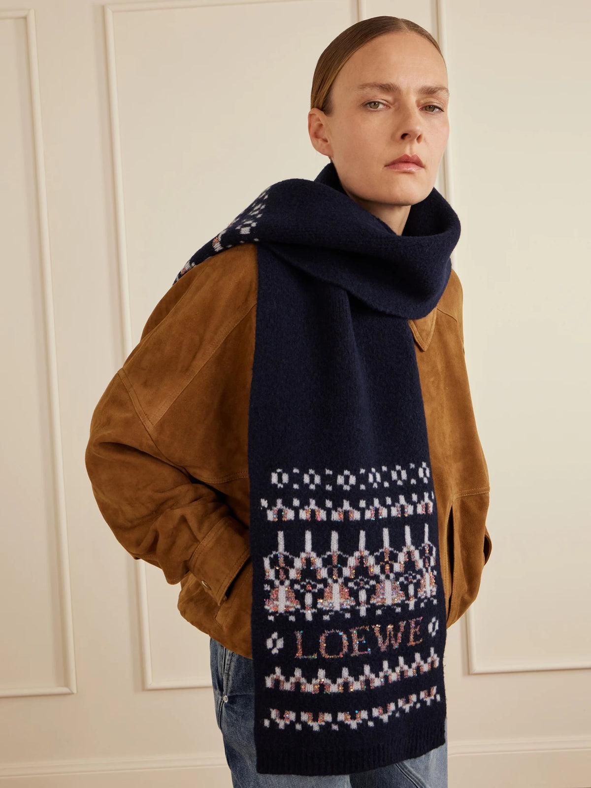 Image of Scarves & Shawls. Product name - Sequin-embellished Fair Isle Wool-blend Scarf in Navy colour by brand - LOEWE