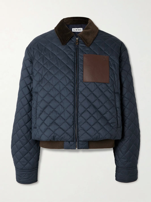 Image of Coats & Jackets. Product name - Corduroy And Leather-trimmed Quilted Shell Jacket in Navy colour by brand - LOEWE
