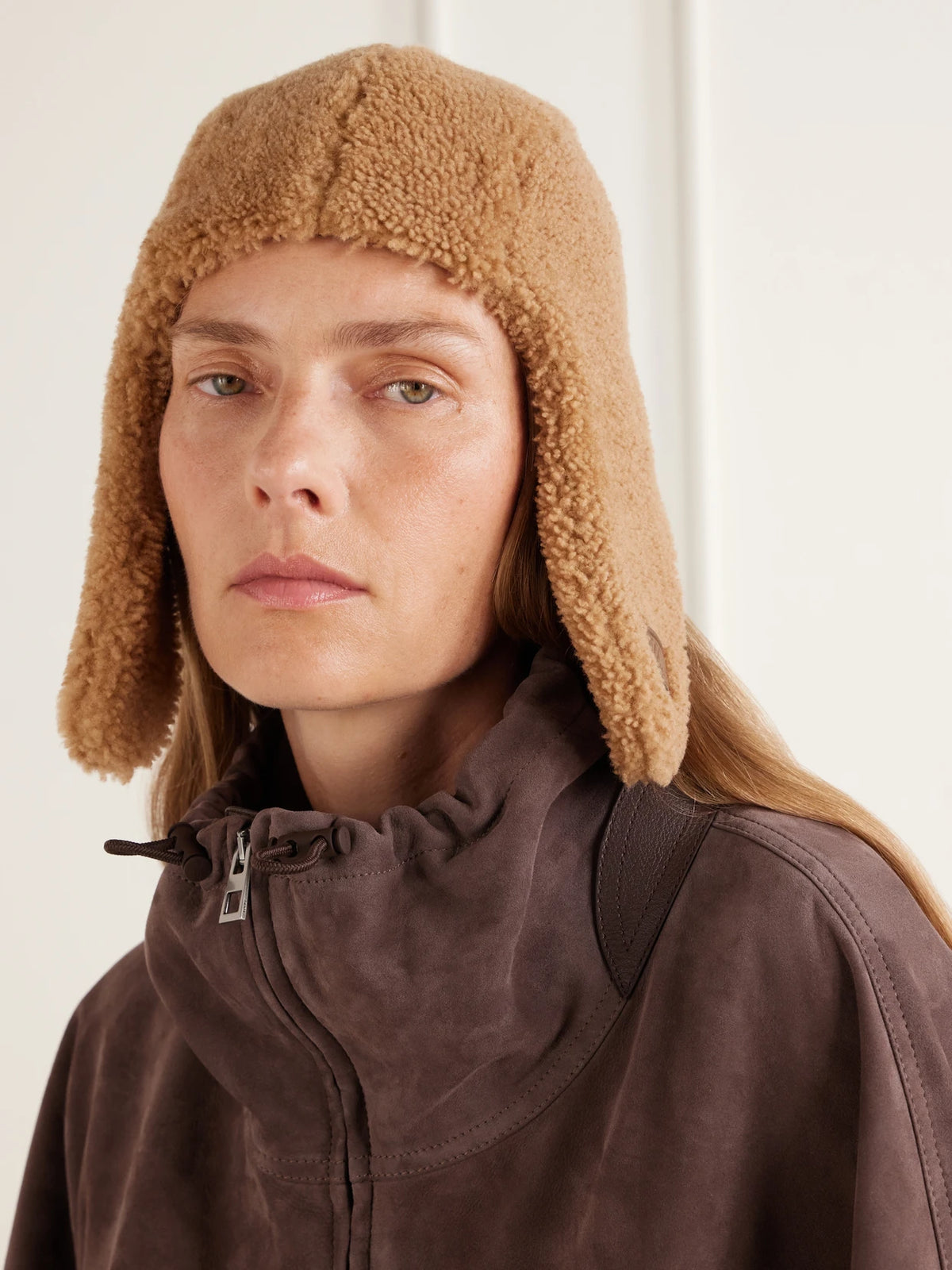 Image of Hats. Product name - Aviator Shearling Trapper Hat in Beige colour by brand - LOEWE