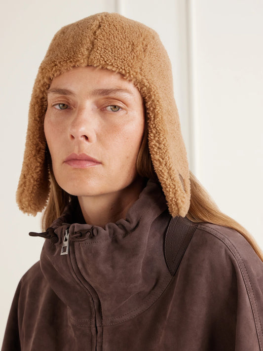 Image of Hats. Product name - Aviator Shearling Trapper Hat in Beige colour by brand - LOEWE
