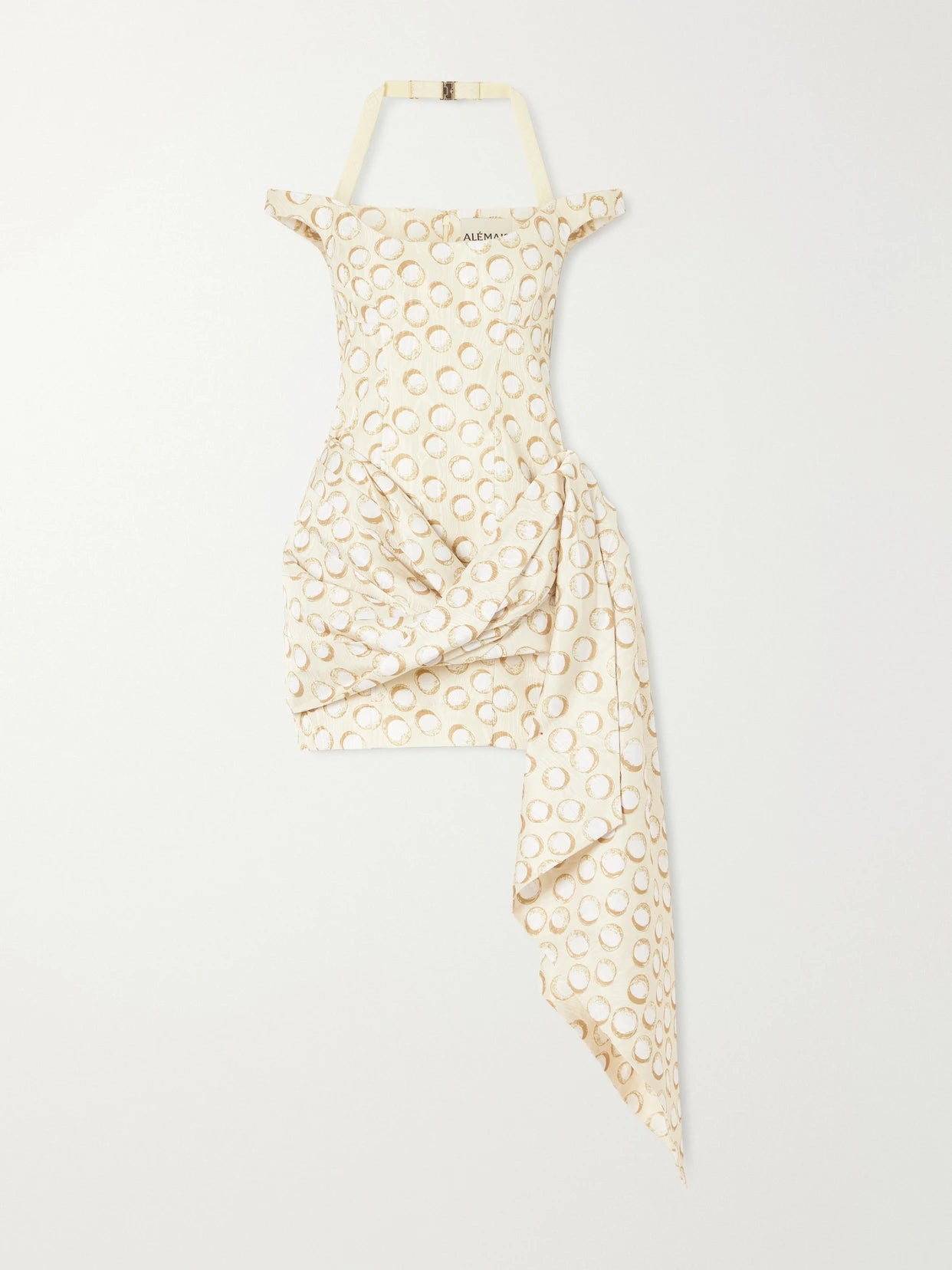 Image of Dresses. Product name - Paula Draped Asymmetrical Printed Moire Mini Dress in Cream colour by brand - ALÉMAIS