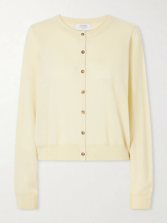 Image of a model wearing Outerwear. Product name - Ben Silk, Wool And Cashmere-blend Cardigan in Pastel yellow colour by brand - La Ligne