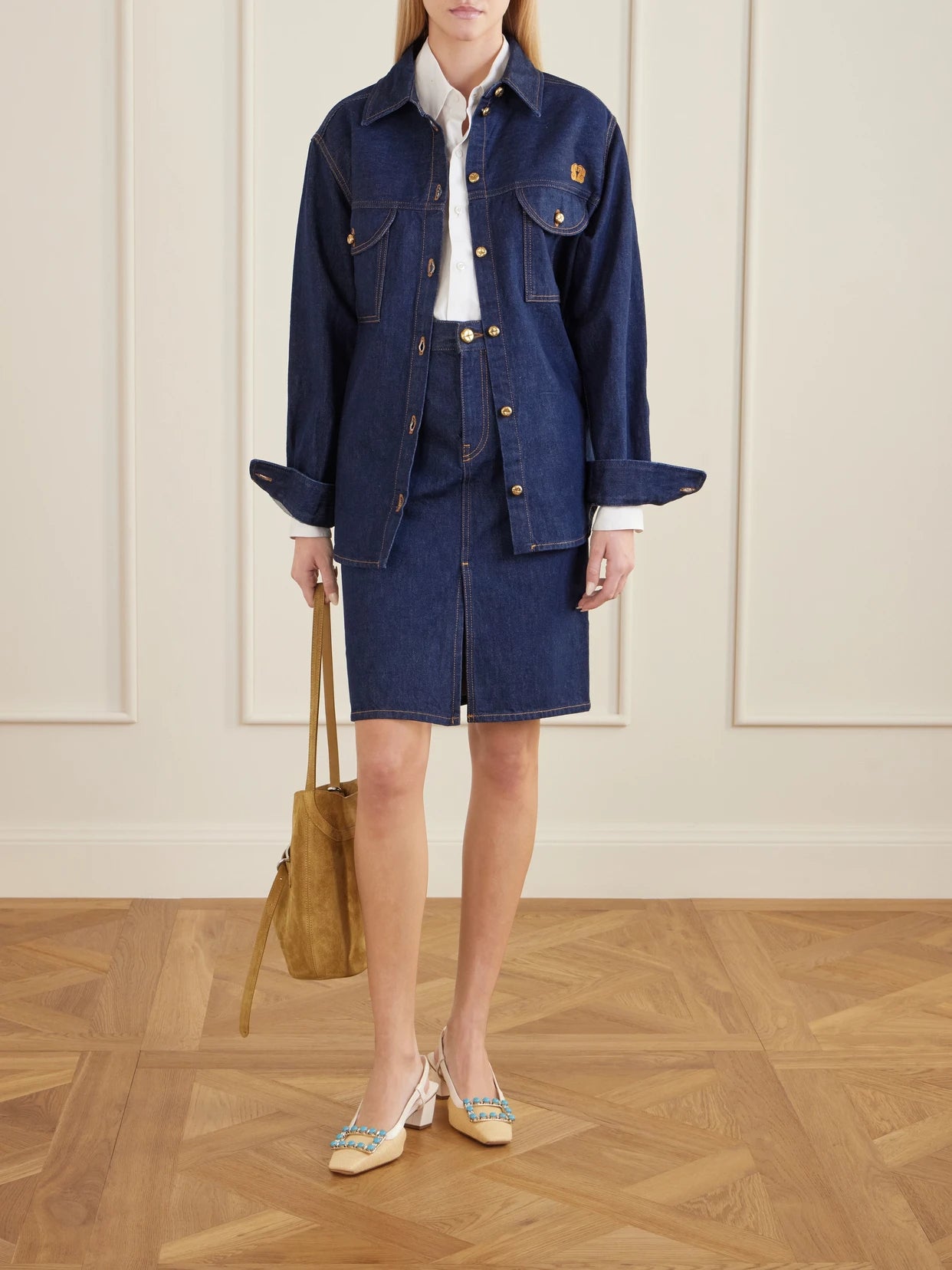 Image of Jeans. Product name - Denim Midi Skirt in Dark denim colour by brand - BLAZÉ Milano