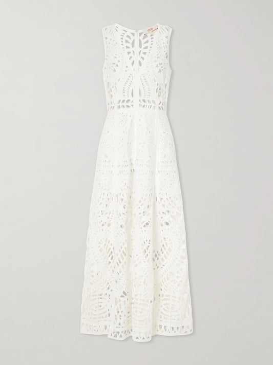 Image of Dresses. Product name - Vivienne Brisé Cut-out Cotton Midi Dress in White colour by brand - Emporio Sirenuse