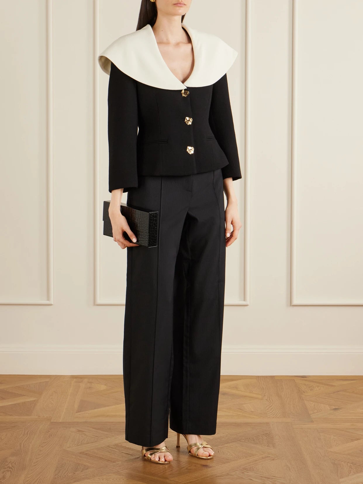 Image of Coats & Jackets. Product name - Manuela Embellished Wool Jacket in Black colour by brand - VIOLANTE NESSI