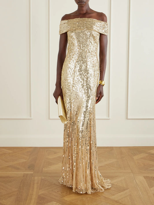 Image of Dresses. Product name - Trixie Embellished Gown in Gold colour by brand - Jenny Packham
