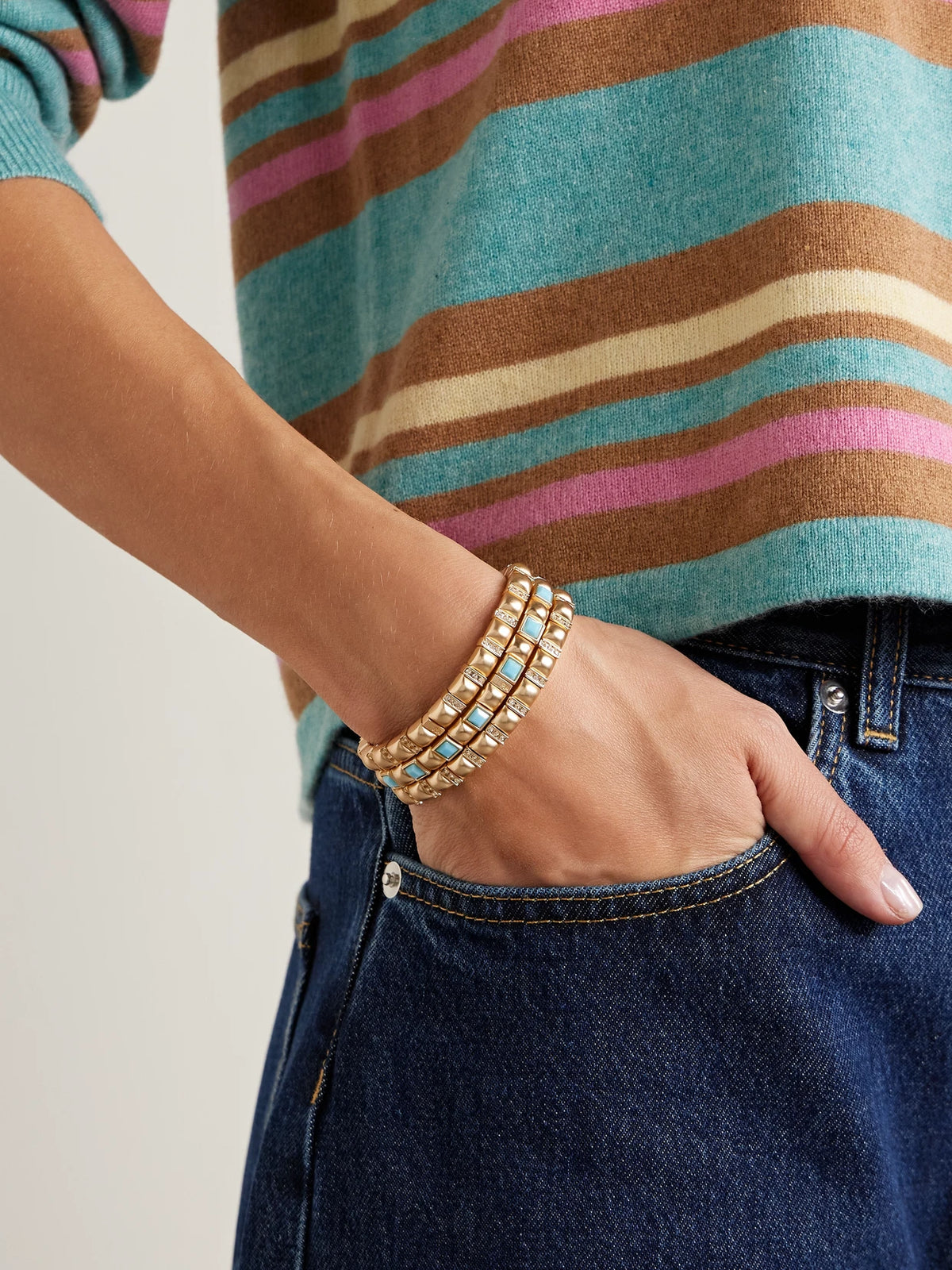 Image of Bracelets. Product name - The Mini Jeweled Set Of Three Gold-tone Crystal And Enamel Bracelets in Multi colour by brand - Roxanne Assoulin