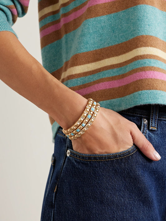 Image of Bracelets. Product name - The Mini Jeweled Set Of Three Gold-tone Crystal And Enamel Bracelets in Multi colour by brand - Roxanne Assoulin