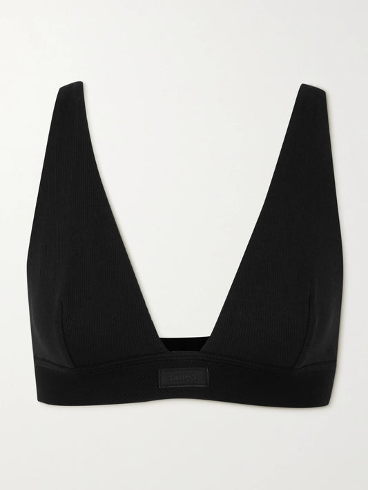 Plunge Ribbed Cotton-blend Jersey Bralette - Soot