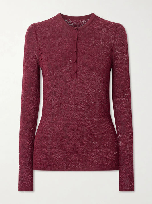 Image of a model wearing Outerwear. Product name - Gaviran Pointelle-knit Wool Henley Top in Burgundy colour by brand - Gabriela Hearst
