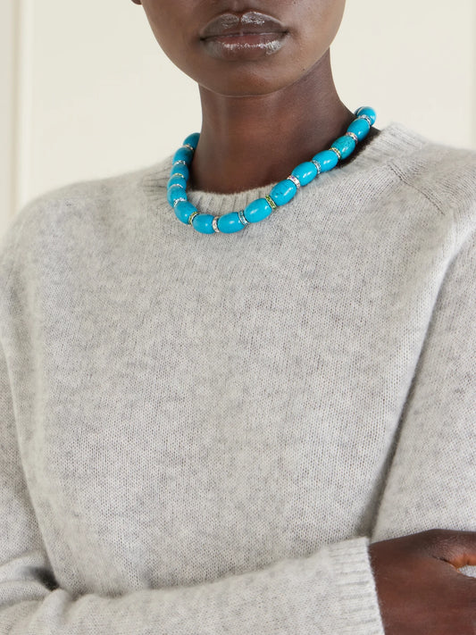 Image of Necklaces. Product name - Donna Rhodium-pleated Turquoise And Crystal Beaded Necklace in Multi colour by brand - Julietta