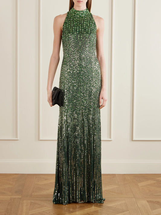 Image of Dresses. Product name - Benue Sequined Mesh Halterneck Gown in Green colour by brand - Jenny Packham
