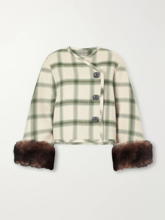 Valentino Garavani Cropped Shearling-trimmed Checked Wool-twill Jacket